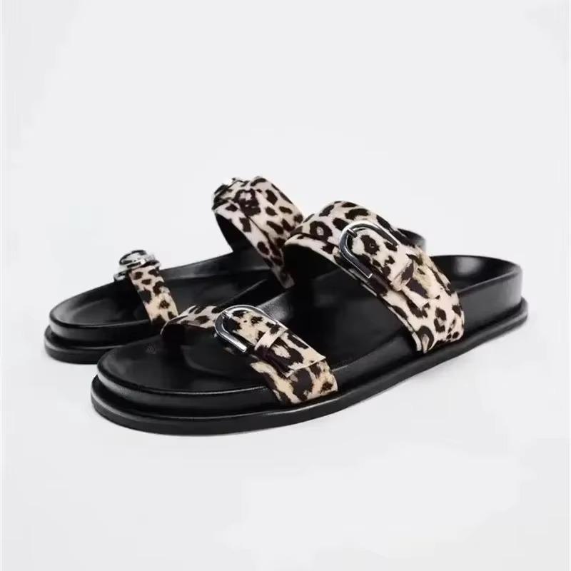 Женские босоножки на платформе Soleist Chic с леопардовым принтом Классический дизайн с пряжкой Повседневные женские пляжные туфли на толстой подошве Открытый носок Обувь на плоской подошве