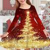 Girl Casual 3D Christmas Tree Print Round Neck Long Sleeve Dress Kid Princess Dress