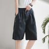Women Shorts Elastic Button Decor Short Solid Color Pants Loose Fit High Waist Wide Leg Knee-Length