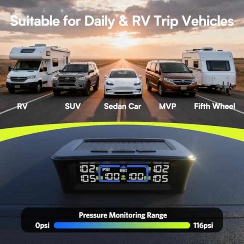TM12 Система мониторинга давления в шинах RV, TPMS с USB/солнечной зарядкой, Последняя версия 2026 года, Комплект Макс.. 12,6 режимов будильника, дальность 50 футов