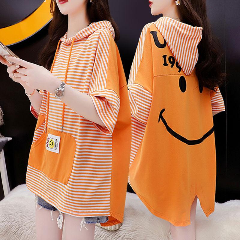 Женская футболка с капюшоном и контрастной задней панелью, летняя, свободная, длинная