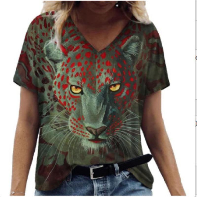 Summer V-neck 3D Animal Leopard Pattern Printed Top Fashionable Casual Short Sleeved Women's T-shirts