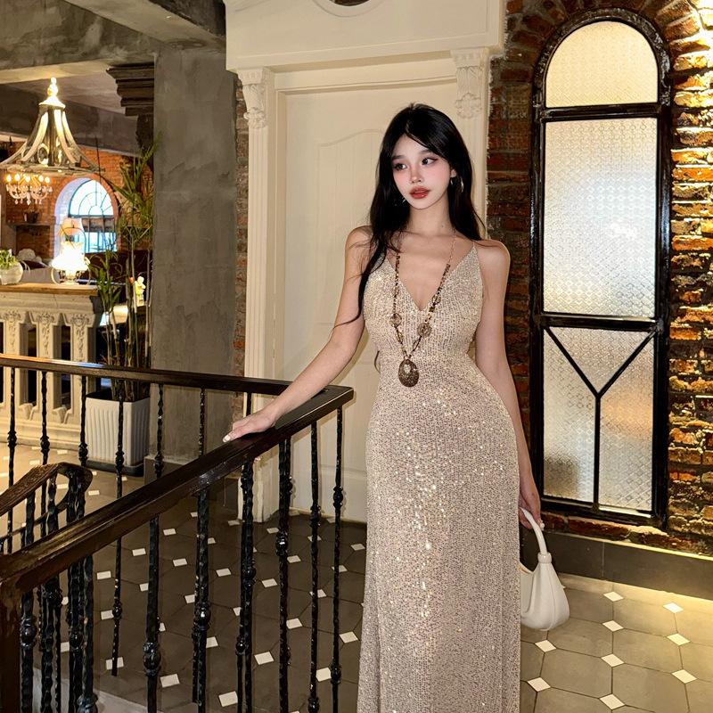 Sexy Collar Suspender Dress Women's Summer Waist Temperament Sequined Skirt High-end Evening Dress Mopping Dress