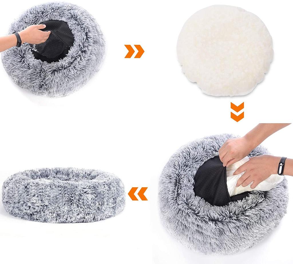 FEANDREA Dog Bed, Donut Cat Bed, Fluffy Calming Pet Bed with Removable, Washable Cover, Soft Long Plush, 60 cm, Grey