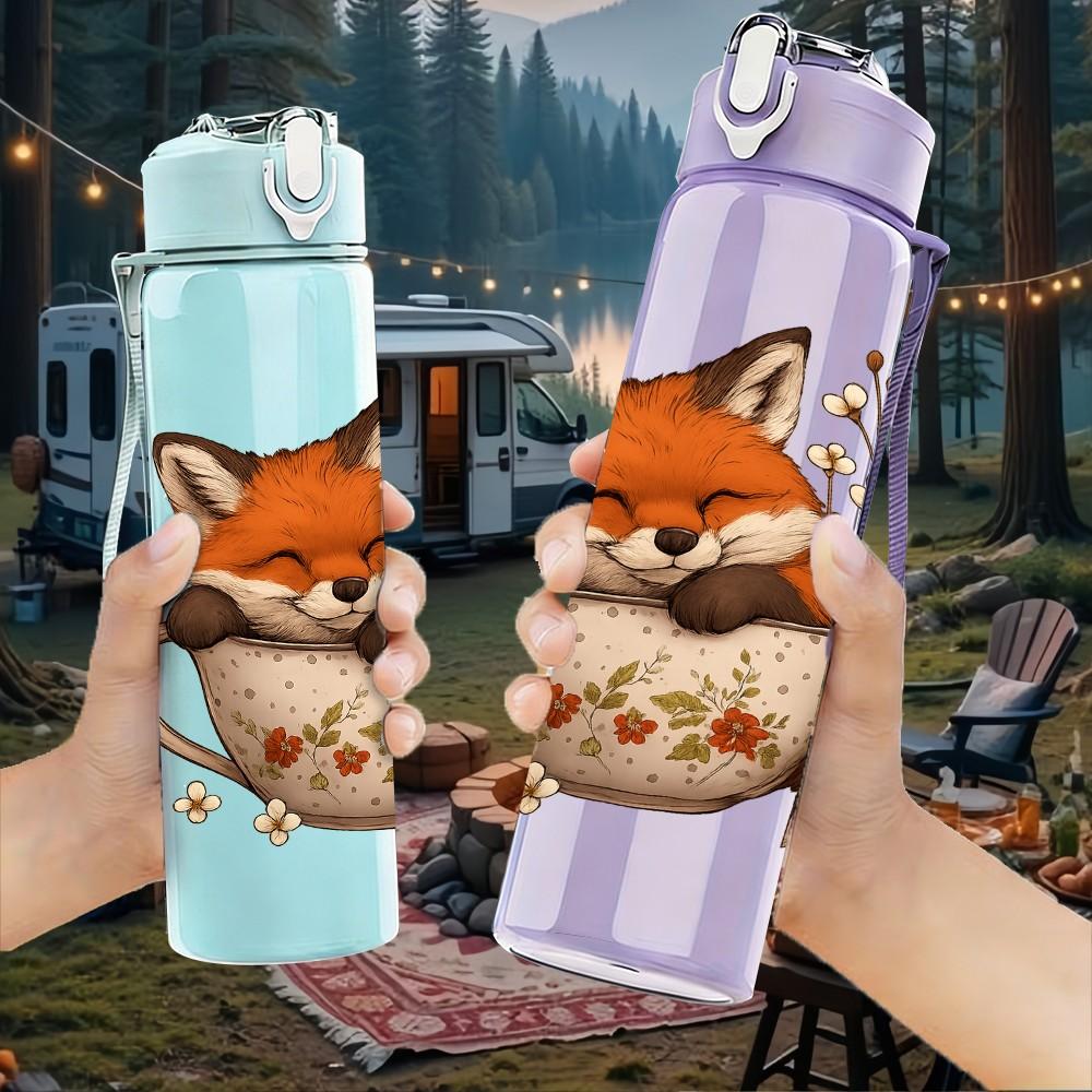 1PC Fox Teacup Autumn Print 750ml Color Plastic Sports Water Bottle Leakproof Flip Straw Lid Suitable for Sports Office Home Use