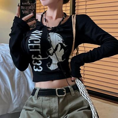 Grunge Y2k женская футболка с винтажным принтом и круглым вырезом в стиле пэчворк, тонкий топ с длинными рукавами Kpop, модная футболка с рисунком, уличная одежда