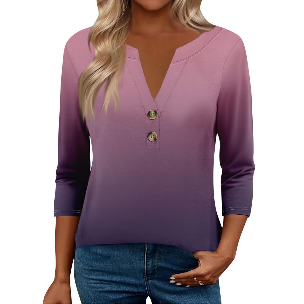 Женские топы с рукавом 3/4 для женщин, топы хенли на пуговицах с V-образным вырезом, нарядные летние женские топы свободного кроя