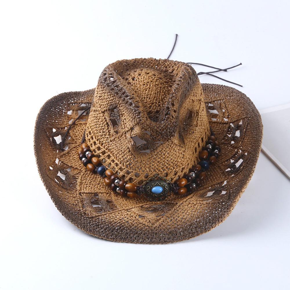 Retro Wide Brim Western Cowboy Hat Beads Ethnic Style Sunscreen Straw Hat Breathable Hollow Out Sun Hat Summer