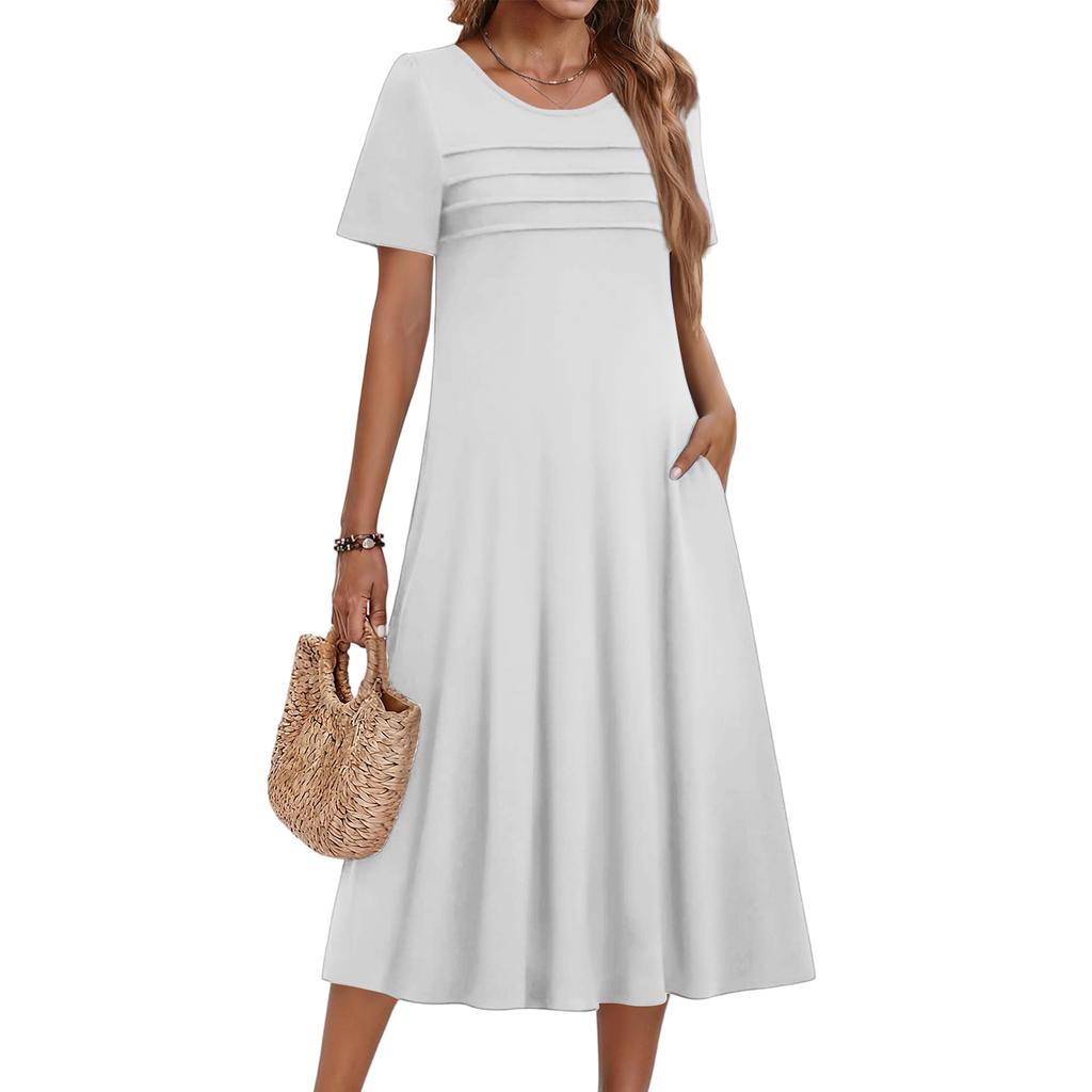Женское повседневное модное платье с короткими рукавами и круглым вырезом.
