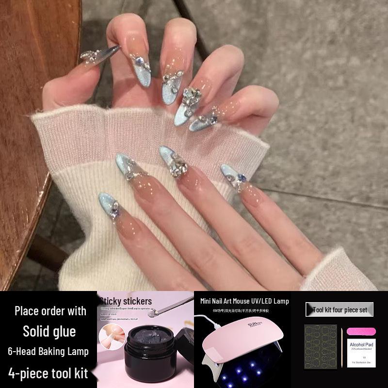 Носимый нейл-арт ручной работы: Жидкий гель-лак "Кошачий глаз" French Blue с УФ/LED, Набор самоклеящихся накладных типс для ногтей.