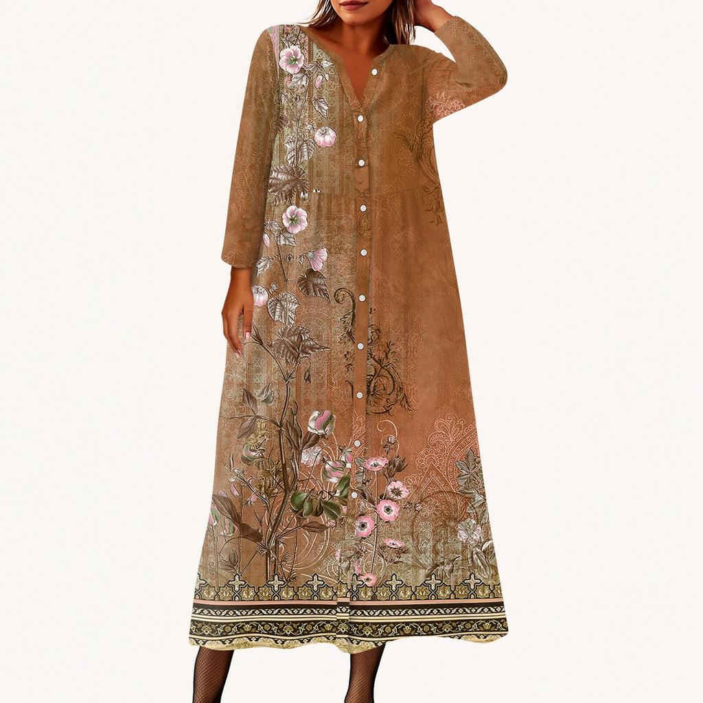 Women's Fashionable Printed Round Neck Seven Quarter Sleeve Button Loose Shirt Dress