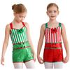 Girls Candy Cane Costume Sleeveless Striped Sequins Bowknot Unitard Christmas Dance Performance Outfit