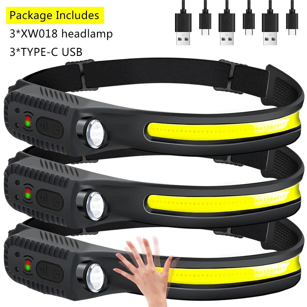 Индукционный налобный фонарь COB LED Сенсорный налобный фонарь Фонарик со встроенным аккумулятором USB Перезаряжаемый налобный фонарь 5 режимов освещения Фара