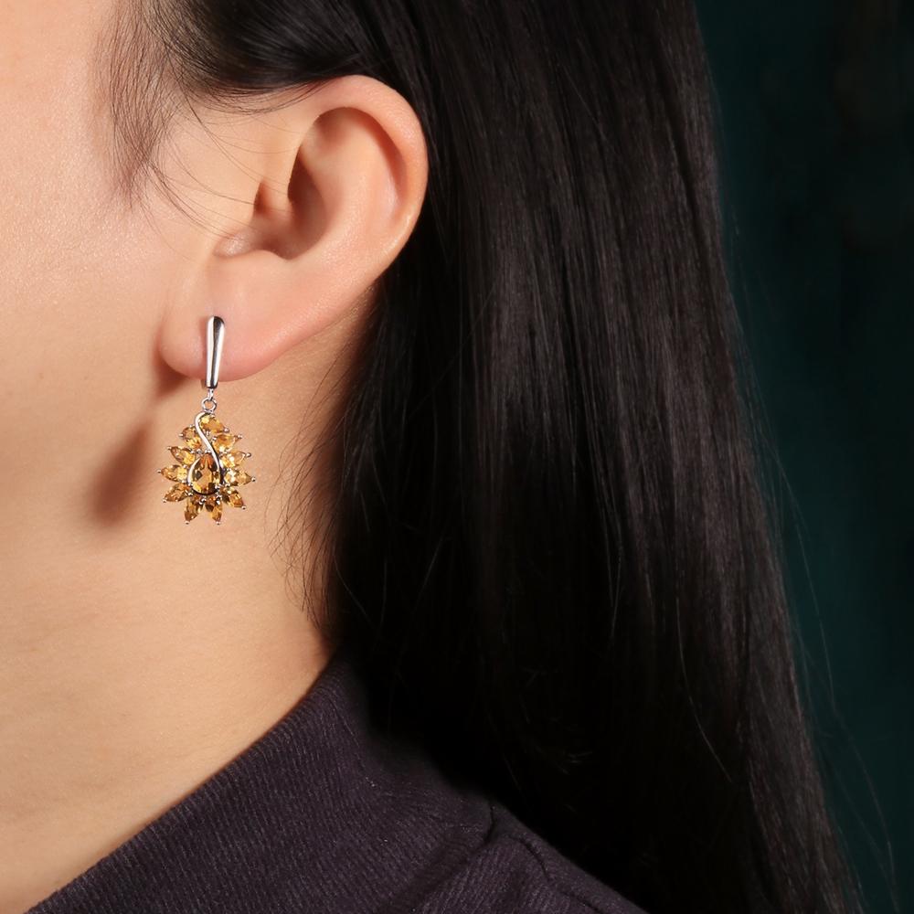 Серьги из стерлингового серебра 925 пробы с натуральным цитрином и драгоценными камнями. Изящные ювелирные украшения. Подарок на годовщину и банкет для женщин.