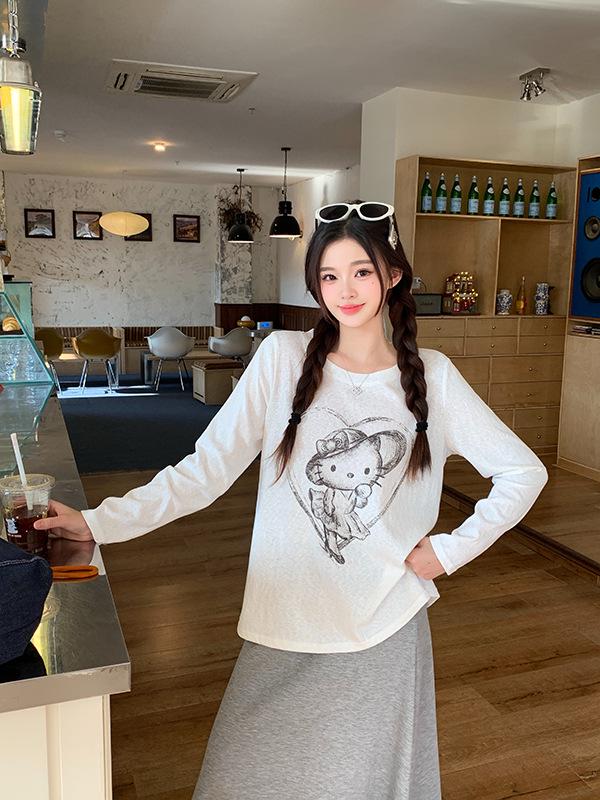 Женская футболка с принтом, длинным рукавом и круглым вырезом, больших размеров, весна 2026