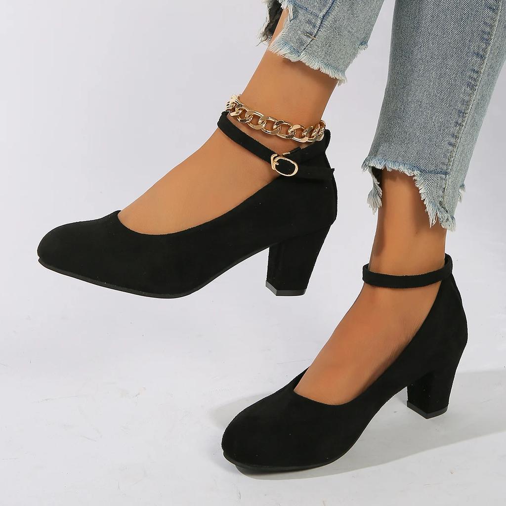 Fashion Women Pumps One-line Buckle Shallow Mouth High Heels 2025 New Thick Heels Women Shoes Large Size Work Shoes Zapatos De Mujer