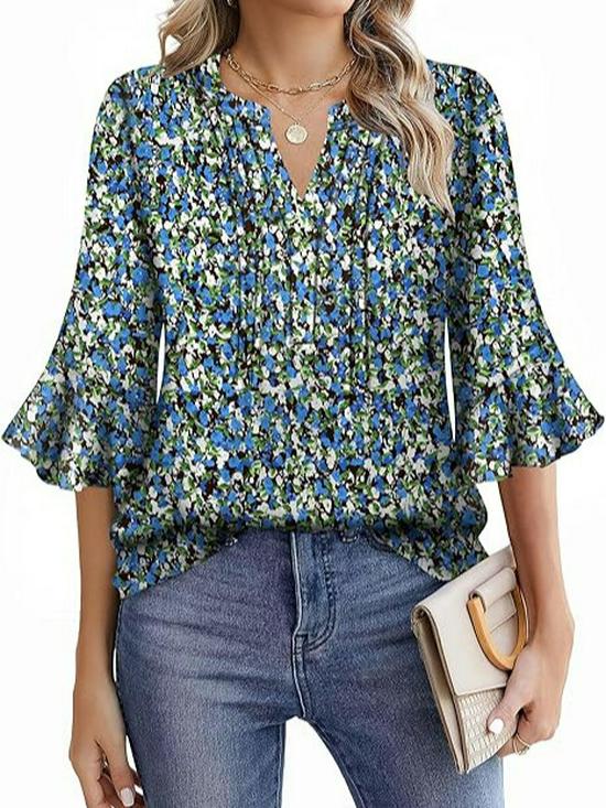 Шифоновая блузка Lotus Leaf 2025 с V-образным вырезом - Однотонная, с рукавами три четверти, Повседневная, свободного кроя