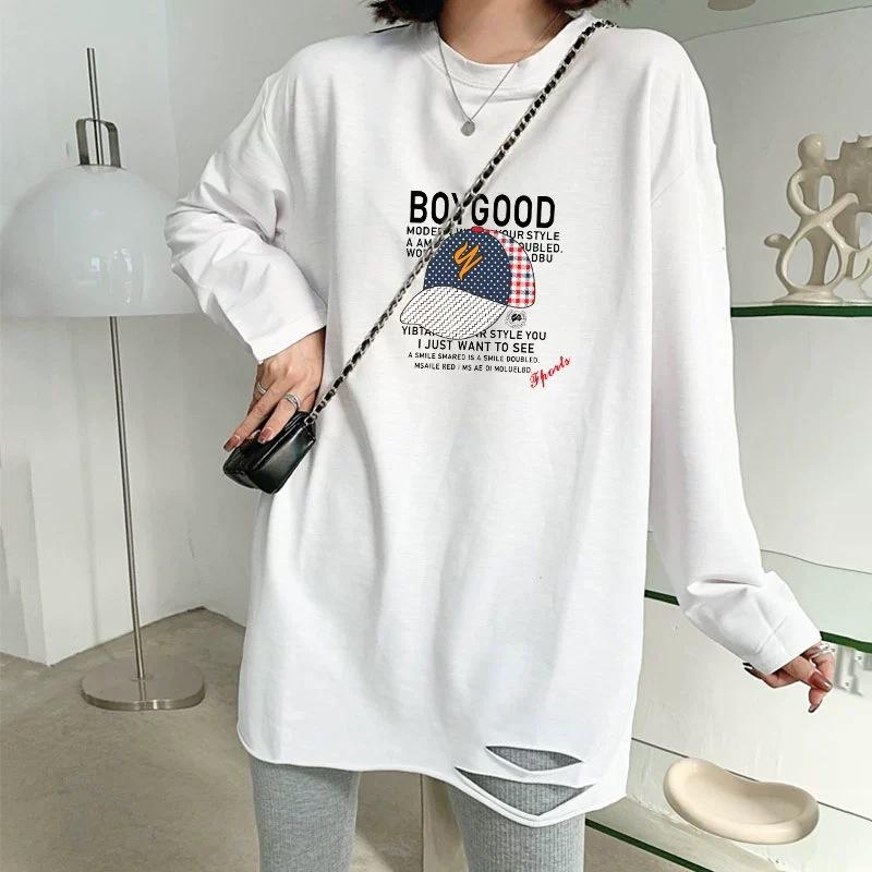 Осень и Зима Новая Белая Футболка с Длинным Рукавом Женская Средней Длины Свободного Кроя Европейский Вельвет Внутренняя Рваная Базовая Рубашка