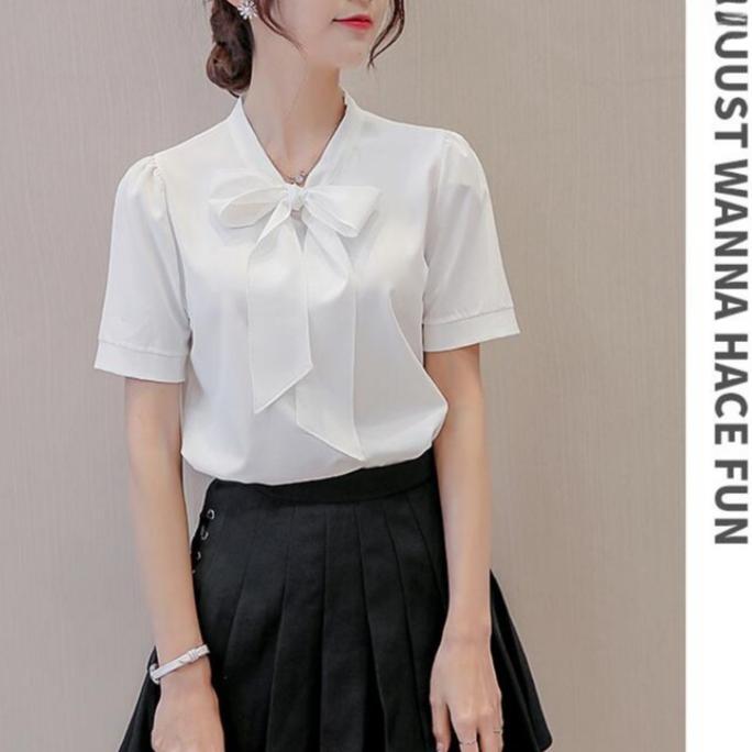 Летняя женская розовая белая шифоновая блузка, модная корейская рубашка с воротником-бабочкой, повседневная офисная рубашка с коротким рукавом, базовый топ