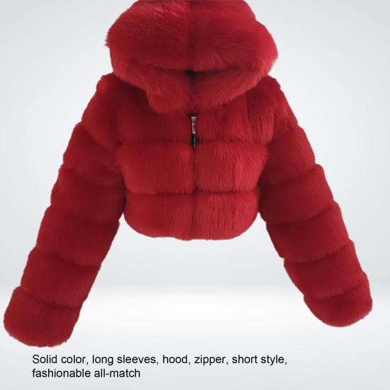 Пальто из искусственного меха с капюшоном на молнии для женщин, однотонное теплое пальто в стиле пэчворк с длинными рукавами