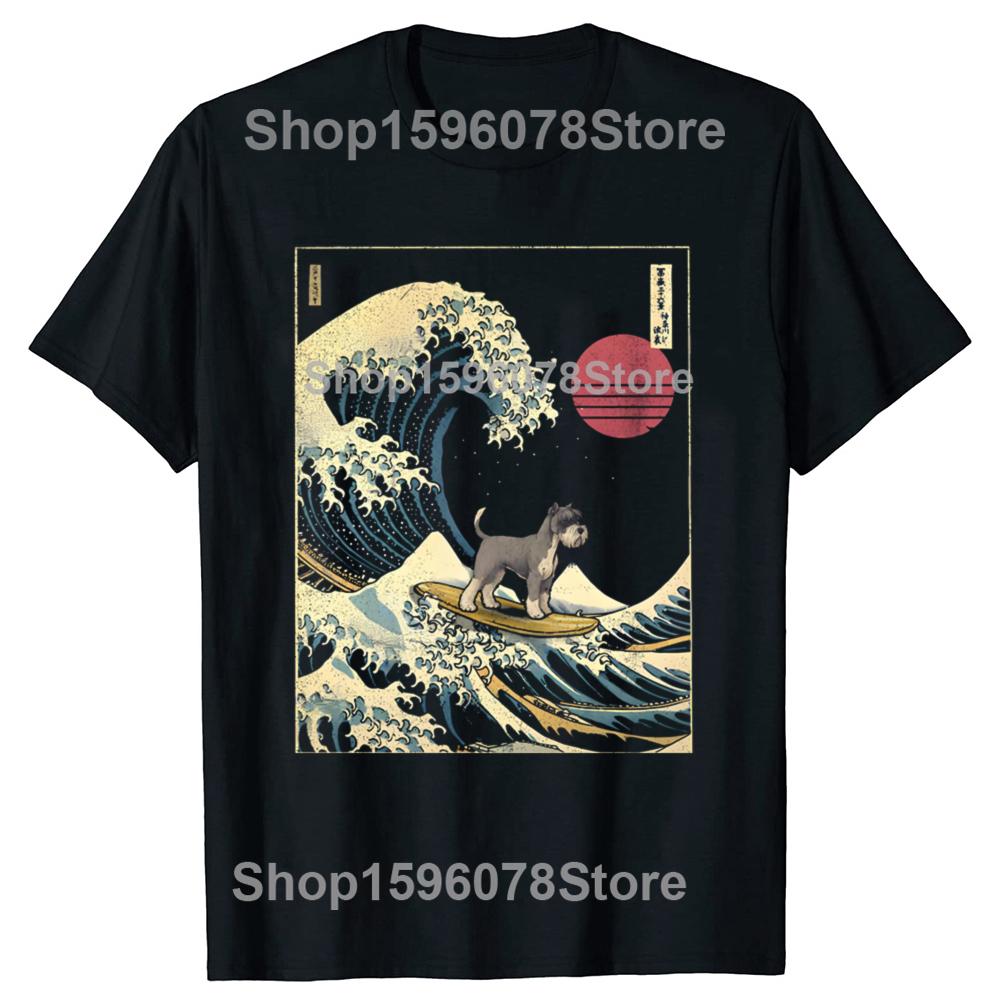 Funny Miniature Schnauzer dog Japanese Surfing Wave Tshirts Unisex Fashion Casual Tshirt 100 Cotton Loose Oversized T Shirt