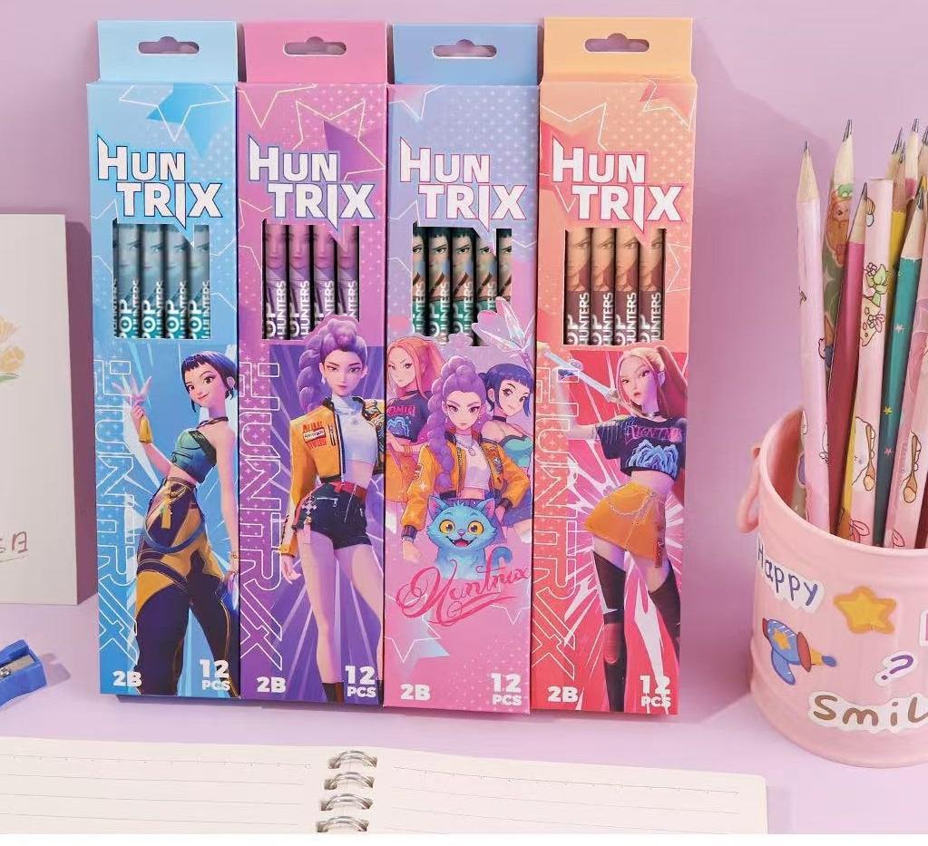 12 шт. Детские K-pop Охотники на демонов Huntrix Карандаши Деревянные Графитовые Набор для набросков Плавное письмо Школа Офис Рисование Эскизы 2B Дружелюбные Развлекательные Веселые