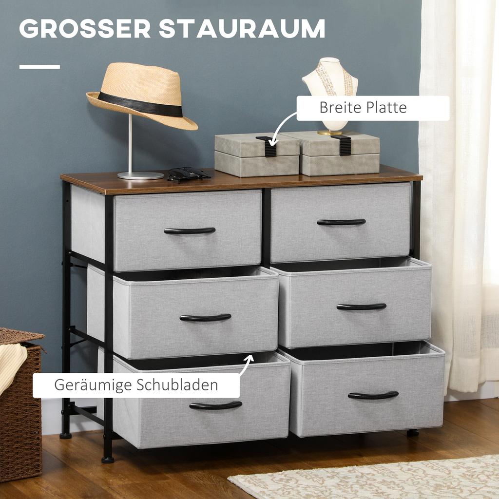 Fabric Chest of Drawers, Industrial Bedroom Dresser with 6 Fabric Drawers, Steel Frame and Wooden Top for Nursery, Living Room, Hallway, Grey