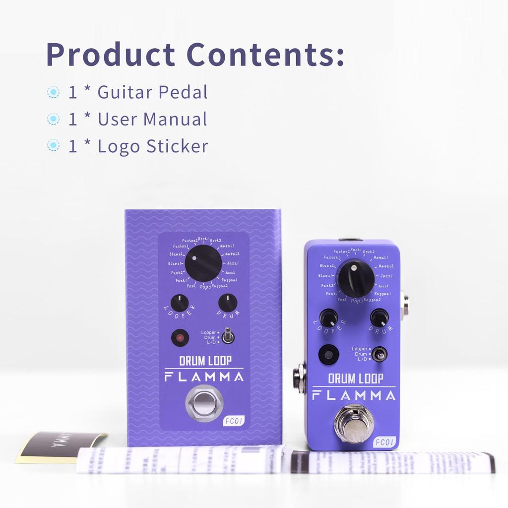 FLAMMA FC01 Mini Guitar Drum Machine and Phrase Loop Effect Pedal with 20 Minutes of 16 Drum Tap Tempo and Level Purple Pedal, Pedal, Recording,