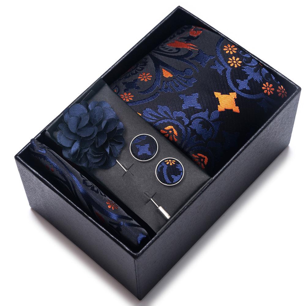 Men's Blue-Gold Stripe Tie Set: Includes Pocket Square, Cufflinks & Lapel Pin in Gift Box - Perfect for Gifts