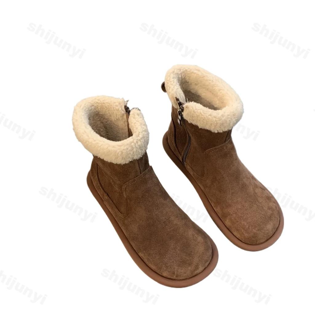 Suede Flat Women Snow Ankle Boots Designer Fur Short Plush Cotton Shoes 2025 Trend Warm Side Zipper Winter Snow Botas De Mujer