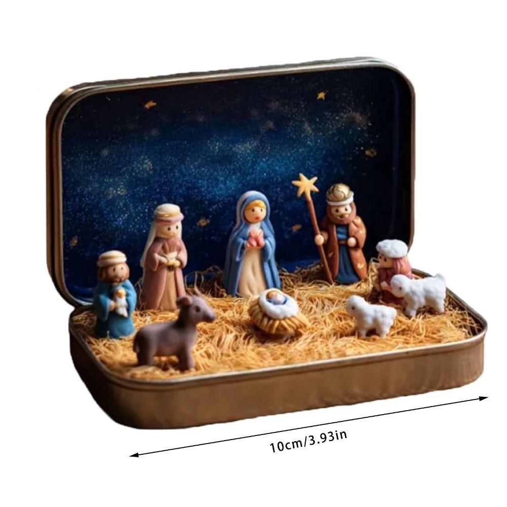 PVC Christmas Nativity Set Mini Size Tin Box Packaging Nativity Figurine Set Horse Trough Design Miniature Scene Figurine