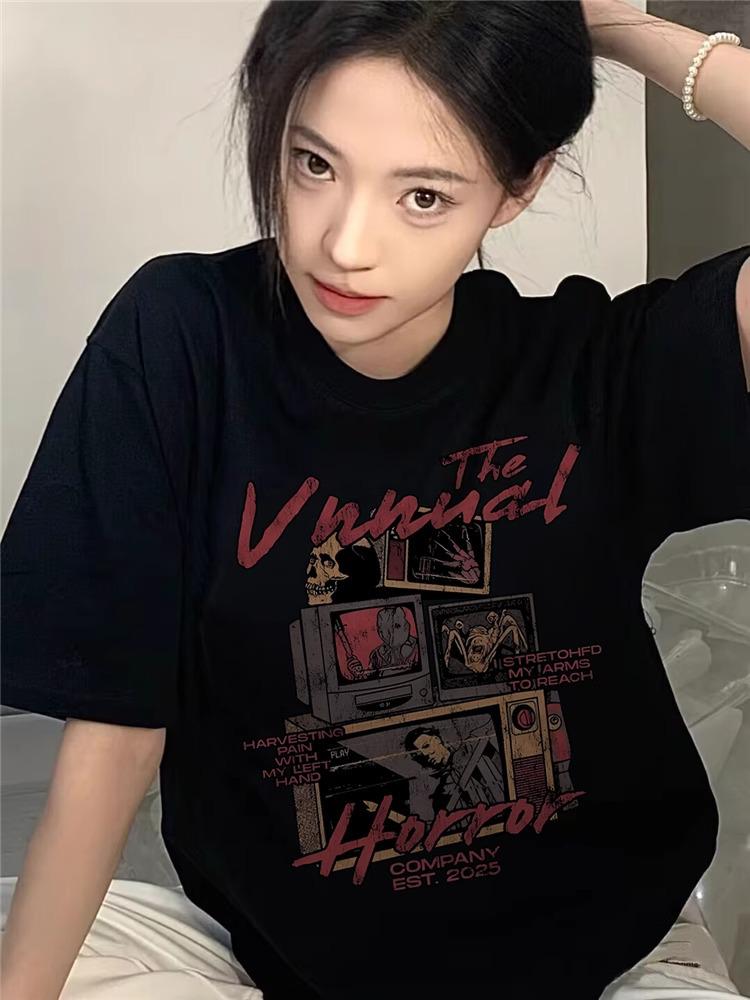 Женская футболка свободного кроя 2025 года из хлопка в стиле хип-хоп с рисунком из мультфильмов