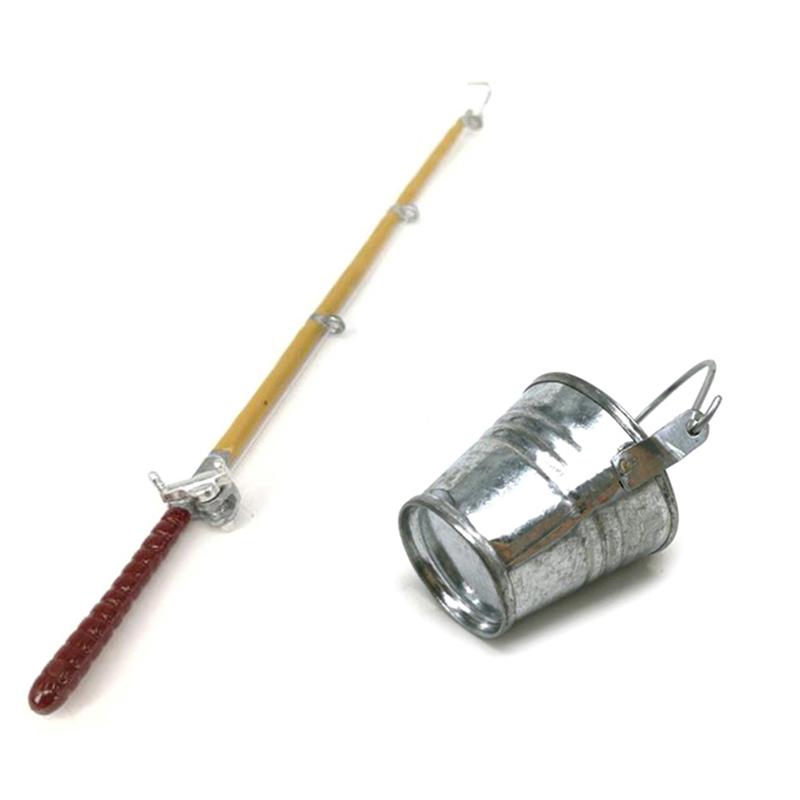 2 шт./компл. 1:12 Миниатюрная металлическая модель удочки для кукольного домика + ведро для воды