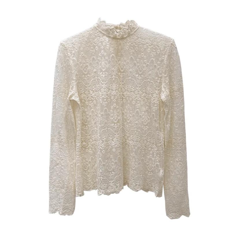 Весна Осень Футболка с кружевным низом и воротником-стойкой Женская Сладкая С длинным рукавом Сетчатая Универсальная Пуловер Футболка Топ