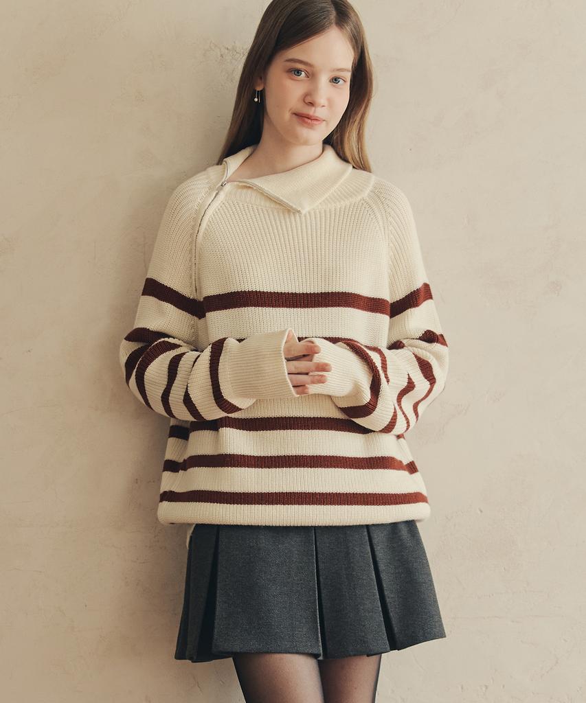 ZEROSTREET Striped Zip-Up Sweater / Ivory