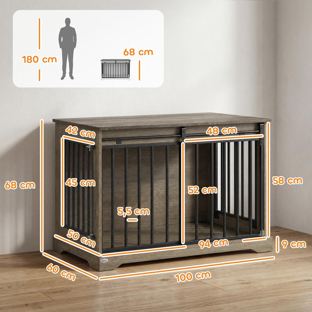 Dog Crate, Wooden and Steel, Sliding Door, Side Table, 100 x 60 x 68 cm, Gray Wood Effect