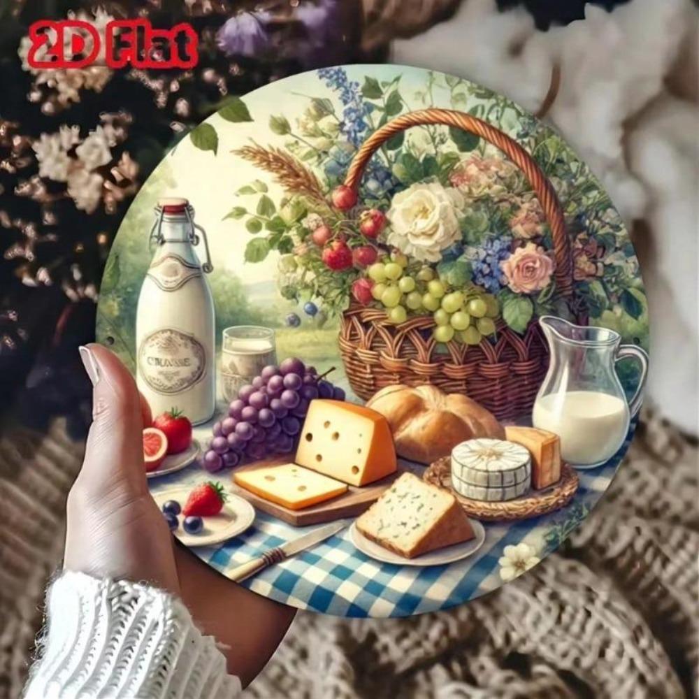Металлическое настенное искусство Декор для кухни Рустик Дизайн с едой 8x8 дюймов Алюминиевая пластина Сыр Хлеб Виноград