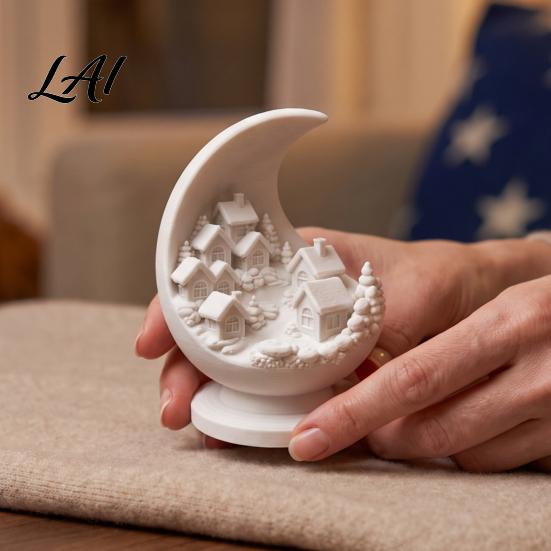 Minimalist Home Accents 3D Printed Crescent Moon and Snowy Village Figurine Mini House Statue Study Room Desk Sculpture with Stable Base Decorative