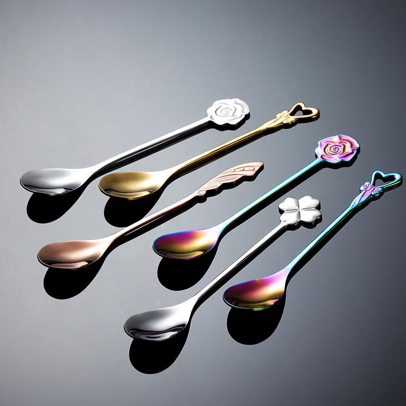 HANYANG304 Совок для кофе из нержавеющей стали в форме цветка, титановый, позолоченный, красочный