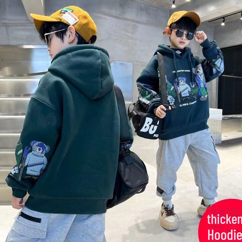 2024 Новая плюшевая толстовка с капюшоном для мальчиков: Плотная, стильная и теплая для детей среднего и крупного размера — идеально подходит для осенних и зимних видов спорта.