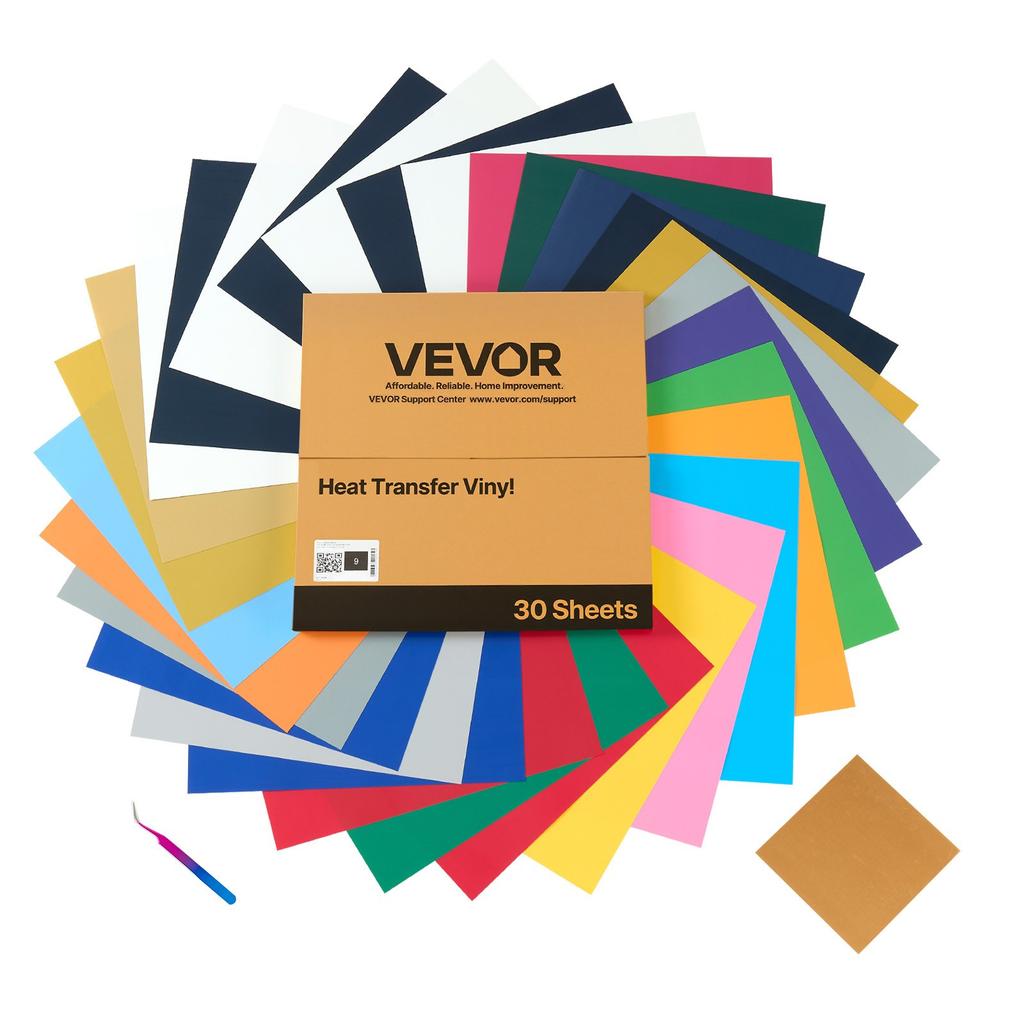 VEVOR Heat Transfer Vinyl, 30 Pack, 304.8 x 304.8mm, Assorted Colors HTV Iron on Vinyl Bundle, Easy to Cut and Weed, with Accessories