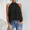 Women Tops Halter Neck Sleeveless Solid Color Pullover Tops Multi Layer Ruffle Hem Commuting Style Short Tops