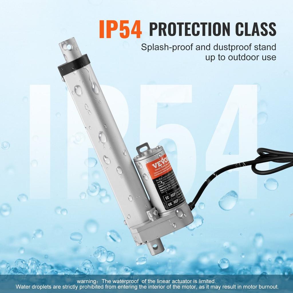 Linear Actuator 12V 6 Inch High Load 330lbs/1500N 0.19"/s IP54 Protection