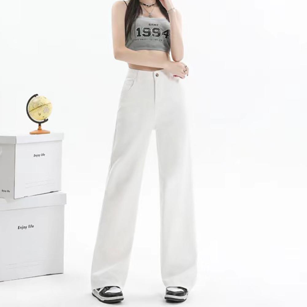 Корейская версия простых джинсов с высокой посадкой, свободного кроя, с широкими штанинами, женские, весенне-осенние, новые, повседневные, универсальные, драпирующиеся, прямые брюки