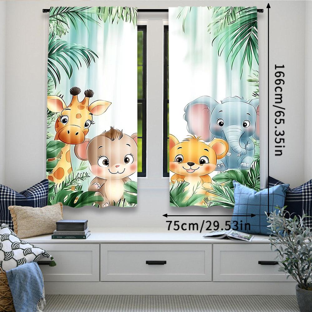 2Pcs Whimsical Cartoon Animal Safari Park Print Curtains Cartoon Safari Zoo Theme For Living Room Bedroom