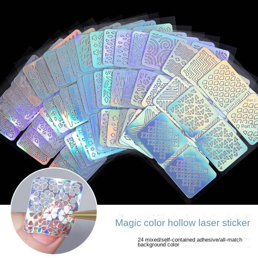 6/12/24/26pcs Laser Nail Sticker Set Holographic Adhesive Nail Art Stencil Hollow DIY Nail Art Decal Manicure Tool