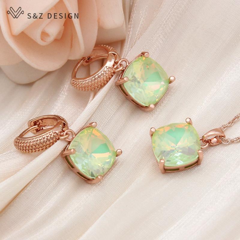 Модные серьги цвета розового золота с квадратными кристаллами, комплекты ювелирных изделий для женщин, свадебное ожерелье с подвеской, подарок