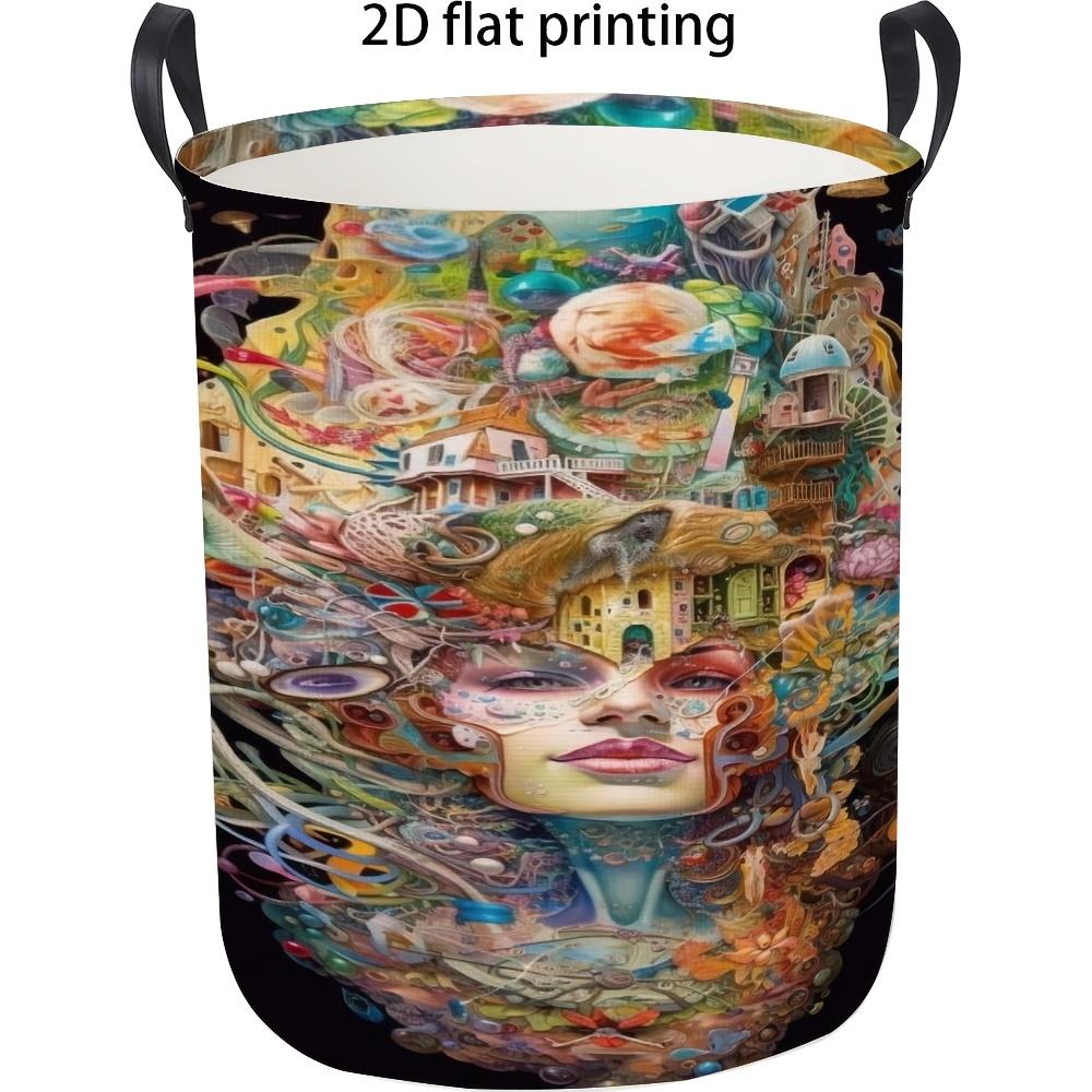 1pc Laundry Basket, Round Laundry Basket, Printed with Abstract Pattern. Foldable with Handle, Multi-Purpose Large-Capacity Storage Basket, Suitable f