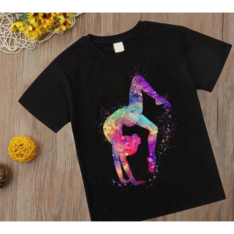 Watercolor Gymnastic Girl Print Children 'S T -Shirts Kids Black Tshirt Gym Excercise Sport Lover Birthday Gift Custom T Shirttops
