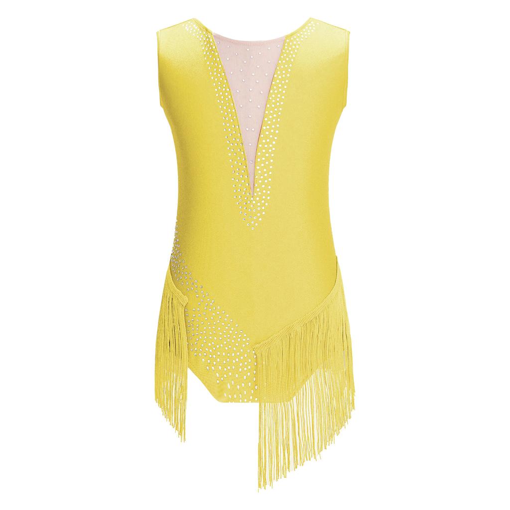 Детский костюм для художественной гимнастики, блестящий купальник с кисточками для танцевальных выступлений